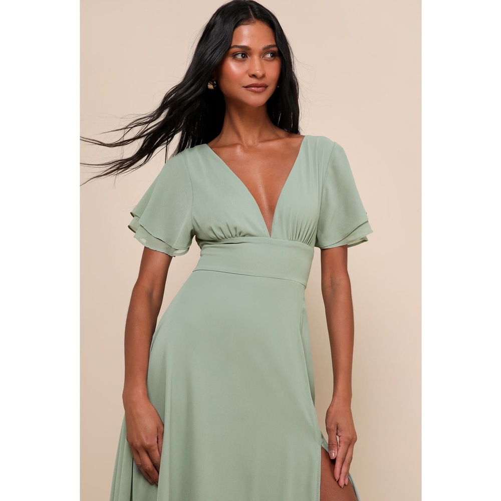 Lulus Promise of Love Sage Brush Green Line Skirt Chiffon Maxi Dress XL - Picture 4 of 16